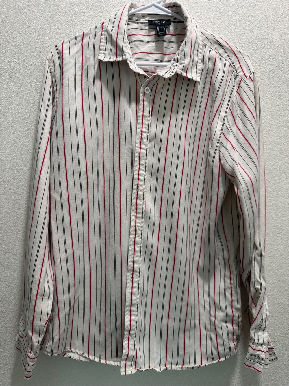 Forever 21 White Button-Down Shirt with Red & Black Stripes